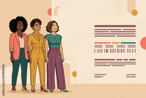 Diverse group of women in business attire standing together confidently show women's day