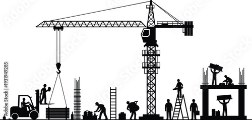 Construction Site Silhouette Vector Featuring Industrial Crane Forklift and Professional Workers Building Modern Infrastructure for Architectural Engineering Projects and Urban