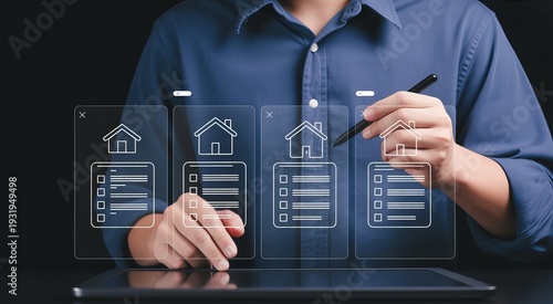 Person interacting with digital real estate listings on a tablet screen digital illustration hand