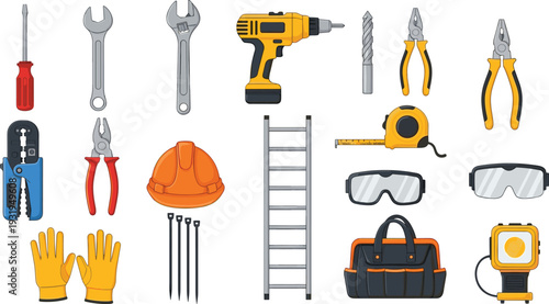 Construction Tools and Safety Equipment Icons Set, Drill Wrench Pliers Helmet Ladder Gloves Toolbox Vector Illustration Collection