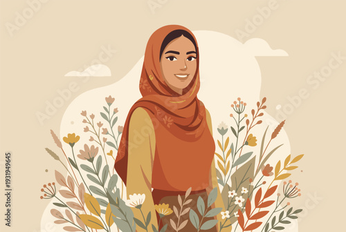 Smiling woman wearing hijab standing in vibrant floral garden