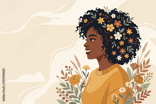 Smiling woman with flowers in her hair and a warm sunny background enjoy women's day