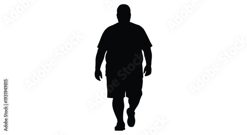 Vector graphic illustration of an overweight man walking forward, portrayed as a full body silhouette on white.