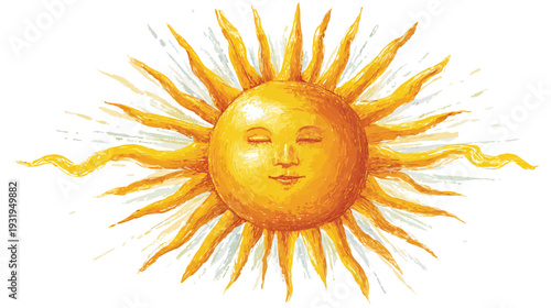 A smiling, anthropomorphic sun with closed eyes and radiant golden rays