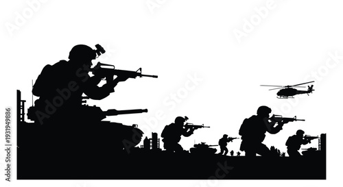 Silhouette of soldiers in combat with a helicopter in the background