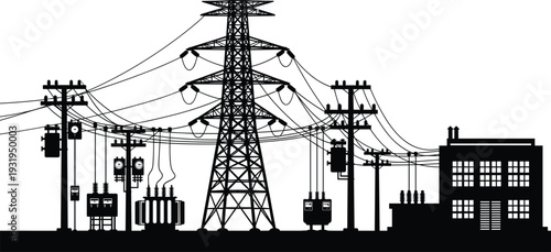 High voltage electric power substation silhouette with transmission towers transformers and utility building isolated on white background for energy industry concept.