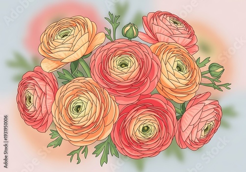 Vibrant Watercolor Ranunculus Bouquet Composition with Soft Pastel Hues