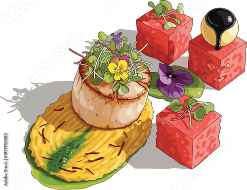 Seared Scallop Culinary Masterpiece with Watermelon & Edible Flowers