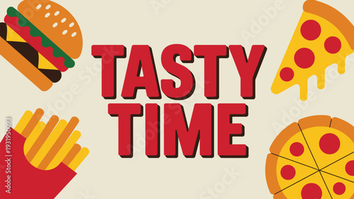 Tasty fast food illustration with burger, pizza, and fries