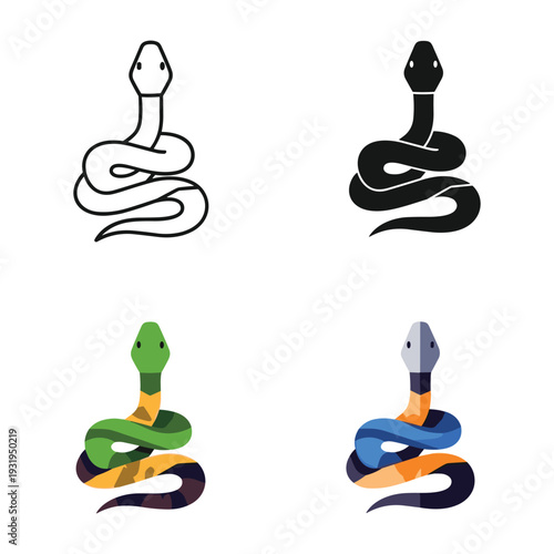 Four stylized depictions of snakes with distinct heads and body designs.