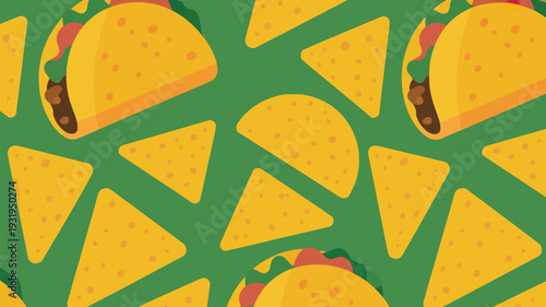 Vibrant tacos and tortilla chips on green background for foodie fun