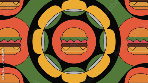 Vibrant hamburger pattern with colorful fast food graphics