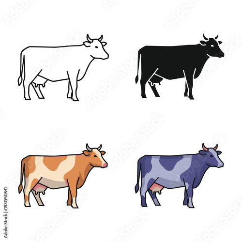 Four distinct illustrations of cows with different color patterns and body types