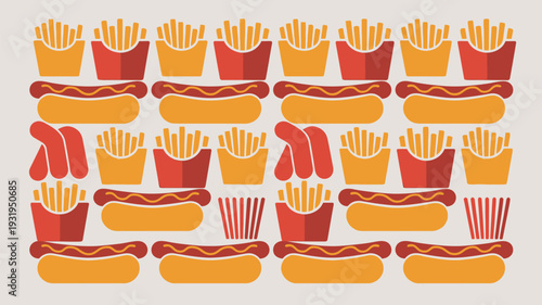 Colorful fast food icons including hotdogs and french fries