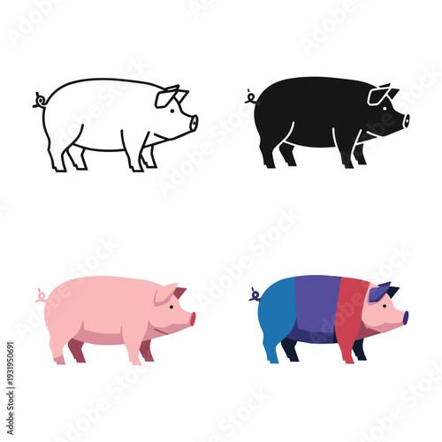 Four stylized illustrations of pigs in different colors and styles