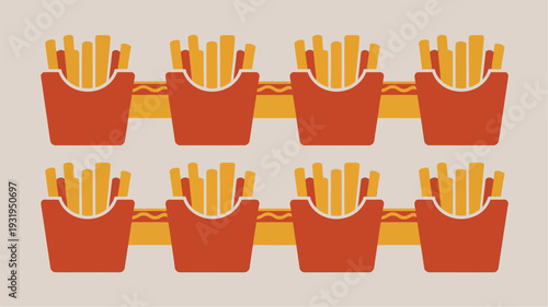 Vibrant french fries in containers with hotdogs on beige background