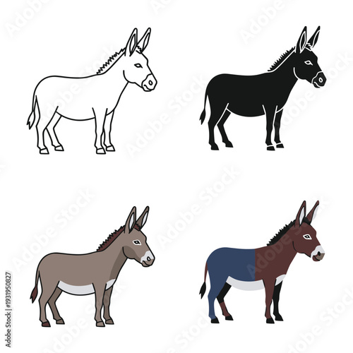 Four stylized donkeys depicted in different colors and orientations