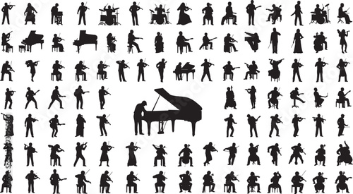 Musician silhouettes playing diverse instruments including piano, violin, cello, drums, and guitar, isolated black figures for music performance illustration, creative art, and design inspiration