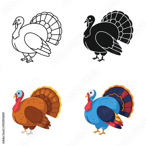 Four stylized illustrations of turkeys in varying designs and colors