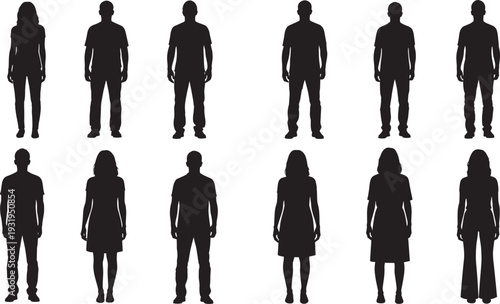 Row of seven simplified human figures, male and female icons, demographic representation, gender distribution symbols, social study illustration, isolated black silhouettes for analysis and design