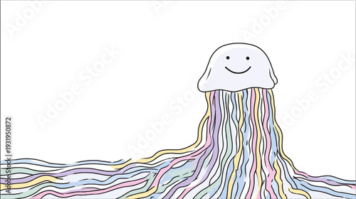 A cartoon jellyfish with a smiling face and flowing colorful tentacles, set against a white backdrop