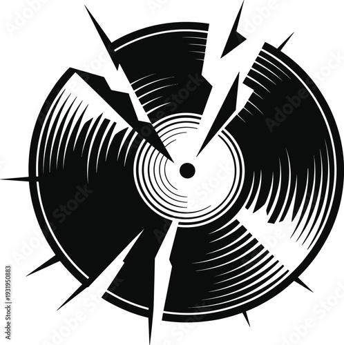 Shattered vinyl record silhouette icon with cracked grooves and rebellious music disruption theme - black vector illustration set