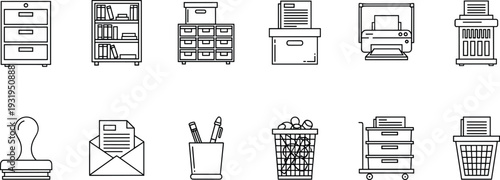 Office Furniture and Document Management Line Icons Set Featuring Filing Cabinet, Printer, Bookshelf, Shredder, Envelope and Storage Equipment