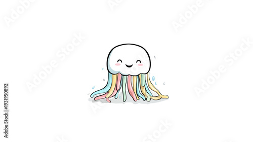 Adorable cartoon jellyfish with a cheerful smile and colorful tentacles, set on a white background