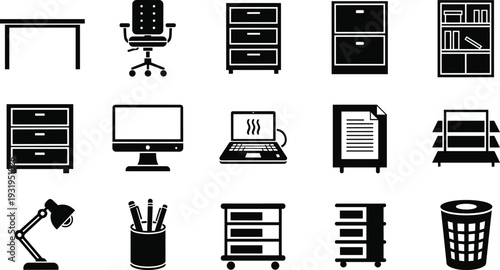 Office Furniture and Workspace Equipment Icon Set, Black Silhouette Collection of Desk, Chair, Computer, Cabinet and Business Objects Isolated