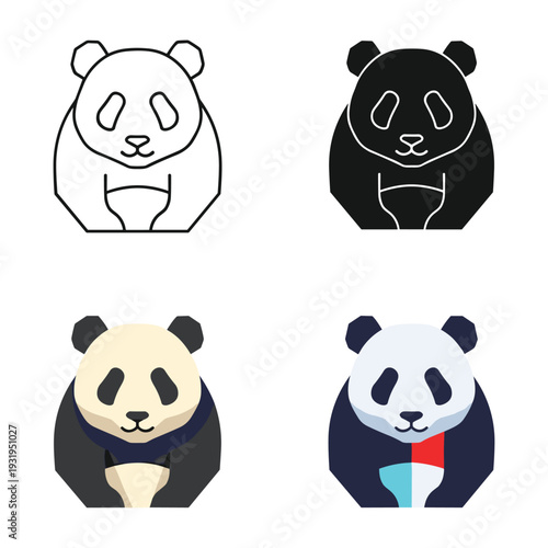 Four stylized illustrations of pandas in different designs and outfits