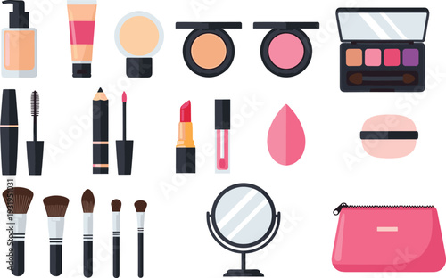 Professional Makeup and Beauty Cosmetics Vector Illustration Set Featuring Lipstick, Brushes, Eyeshadow Palette, Foundation, Mascara and Skincare Products Collection