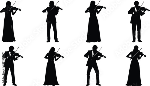 Professional Violinist Silhouette Vector Set Featuring Male and Female Musicians Playing Classical Music for Orchestral Performance Concert and Artistic String