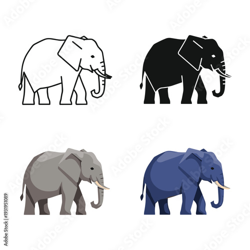 Four stylized elephants depicted in different shades and outlines