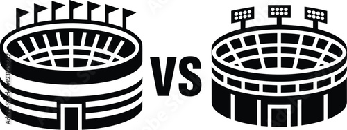 Sports stadium silhouette icon variations with VS competition matchup theme - black vector illustration set