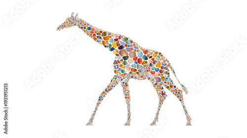 A mosaic-like giraffe silhouette made of numerous colorful pebble shapes