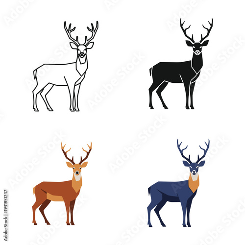 Four stylized deer illustrations in contrasting colors and poses.