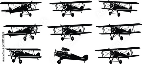 Biplane silhouettes, vintage aircraft, aviation icon, classic airplane, propeller plane, black illustration, flight design, retro aviation art, pilot symbol