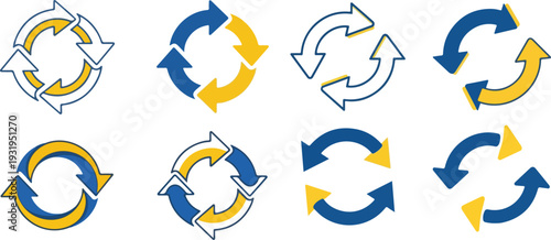Arrow icon collection featuring two spinning arrows, repeat and return symbols. Double reverse, circular refresh and restart line vector set eps