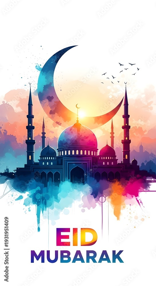 Fototapeta premium Vibrant watercolor illustration of a mosque under a large crescent moon for eid mubarak.