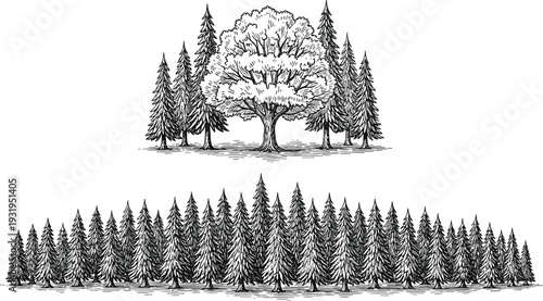 Forest silhouettes, deciduous tree, coniferous trees, mixed woodland, dense forest, nature illustration, black design, landscape art, biodiversity symbol, ecology