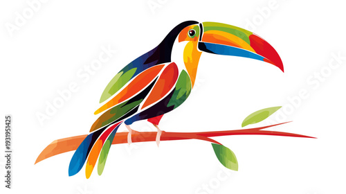 A vibrant toucan with colorful plumage perches on a branch, vector-style illustration on white
