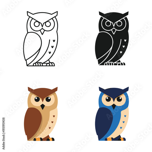 Four stylized illustrations of owls in different artistic styles and color schemes