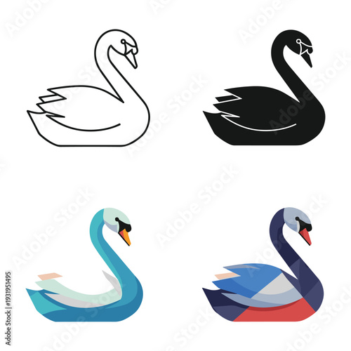 Graceful swans depicted in contrasting styles and colors across four distinct illustrations