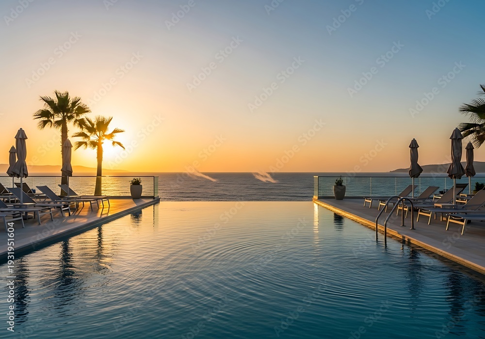 Obraz premium Luxurious infinity pool blending with ocean at vibrant sunset tropical scene
