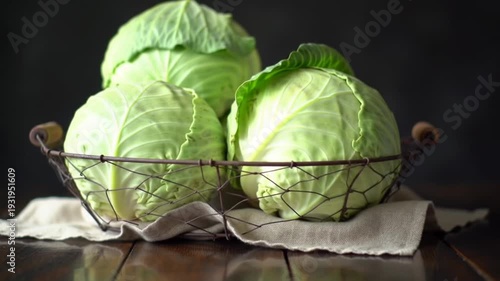 Fresh green cabbages are arranged in a rustic wire basket.