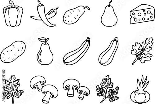 Collection of simple line featuring fresh vegetables fruits and cheese food pepper
