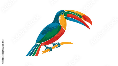 A colorful toucan illustration perched on a branch, featuring a large, vibrant beak