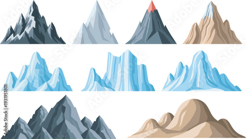 Collection of nine stylized mountain illustrations in diverse shapes, colors, and textures, symbolizing geology, terrain variety, natural landscapes, artistic design, and environmental concept art.