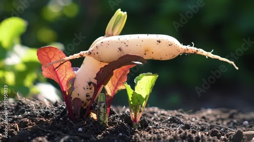 Young plants emerge from the soil, showcasing new growth and vibrant leaves.