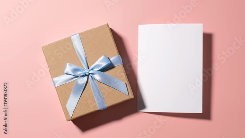 Brown gift box with blue ribbon next to blank card on pink background.